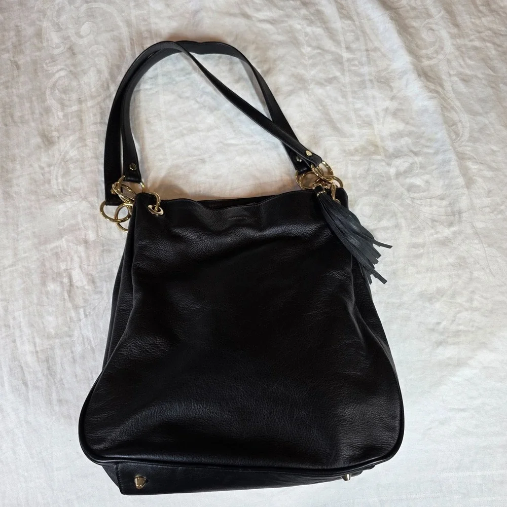 Boston Proper ‎ Black Leather Shoulder Bag Gold Chain Detail Tassel Hobo Purse